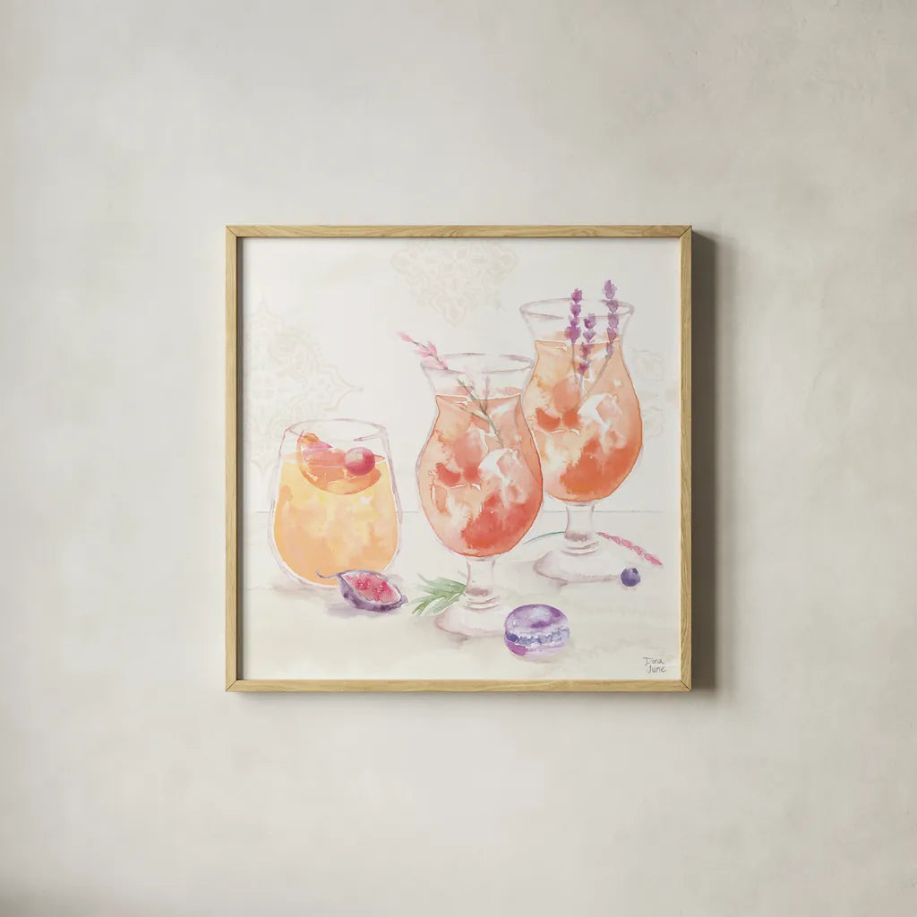 Classy Cocktails III by Dina June. Shown in a natural wood glass frame for a timeless modern aesthetic. Available as an archival giclee rolled canvas, fine art paper, or poster print. SKU 69236a.