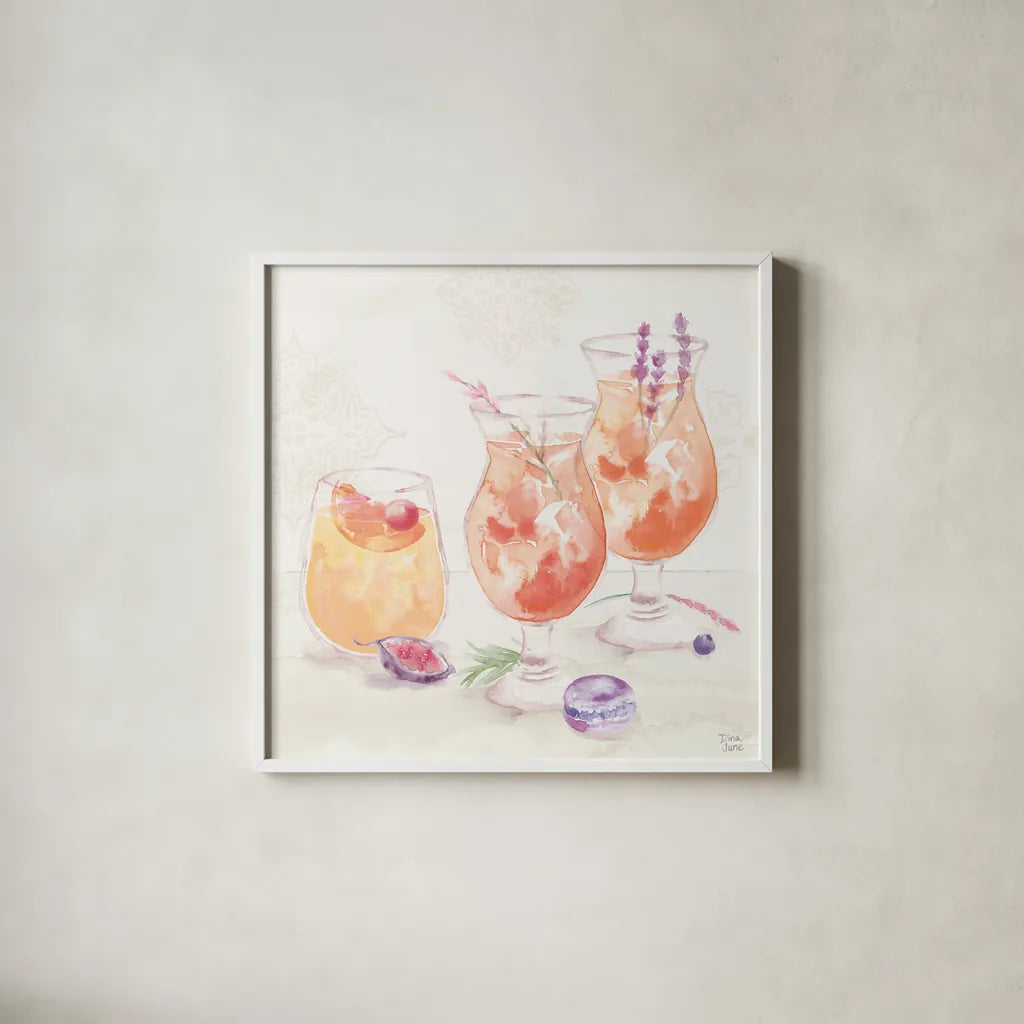 Classy Cocktails III by Dina June. Shown in a crisp white glass frame for a clean and minimalist style. Available as an archival giclee rolled canvas, fine art paper, or poster print. SKU 69236a.