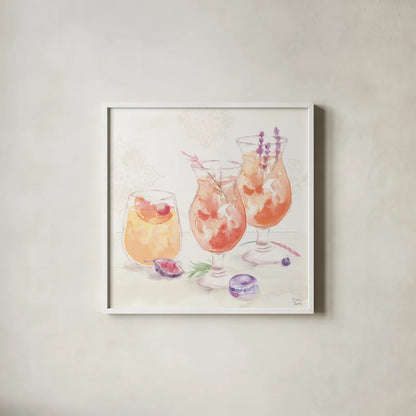 Classy Cocktails III by Dina June. Shown in a crisp white glass frame for a clean and minimalist style. Available as an archival giclee rolled canvas, fine art paper, or poster print. SKU 69236a.