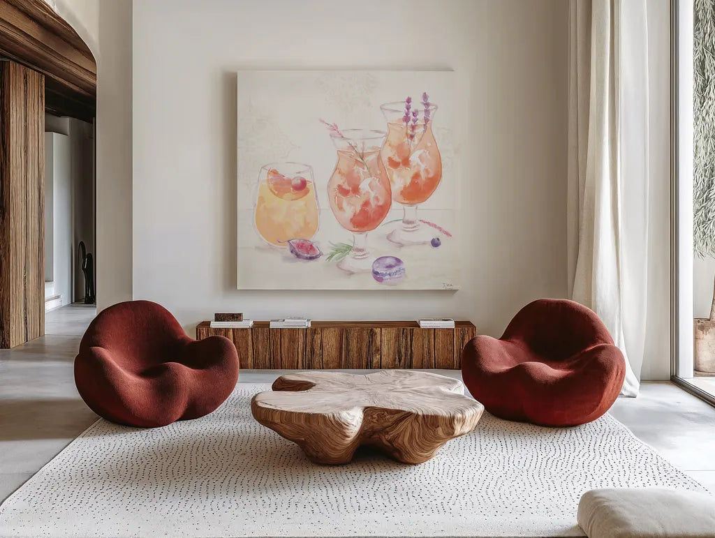 Classy Cocktails III by Dina June. Shown as extra-large giant wall art in a modern living room. Available as an archival giclee rolled canvas, fine art paper, or poster print. SKU 69236a.