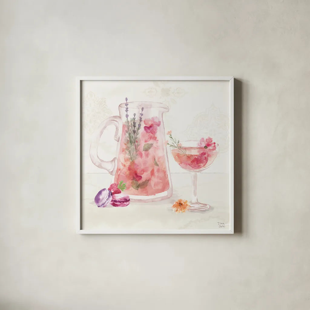 Classy Cocktails IV by Dina June. Shown in a crisp white glass frame for a clean and minimalist style. Available as an archival giclee rolled canvas, fine art paper, or poster print. SKU 69237a.