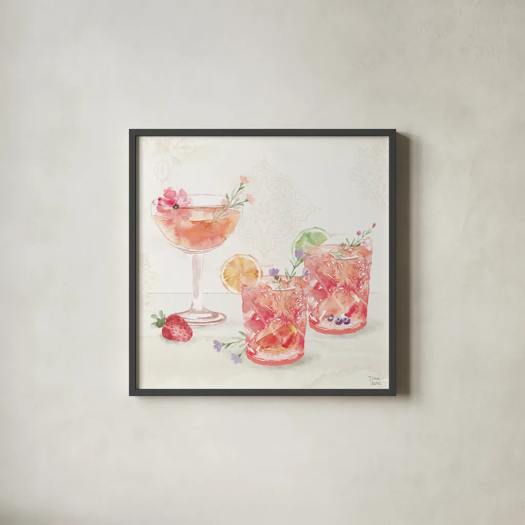 Classy Cocktails V by Dina June. Shown in a sleek black glass frame for a contemporary gallery look. Available as an archival giclee rolled canvas, fine art paper, or poster print. SKU 69238a.