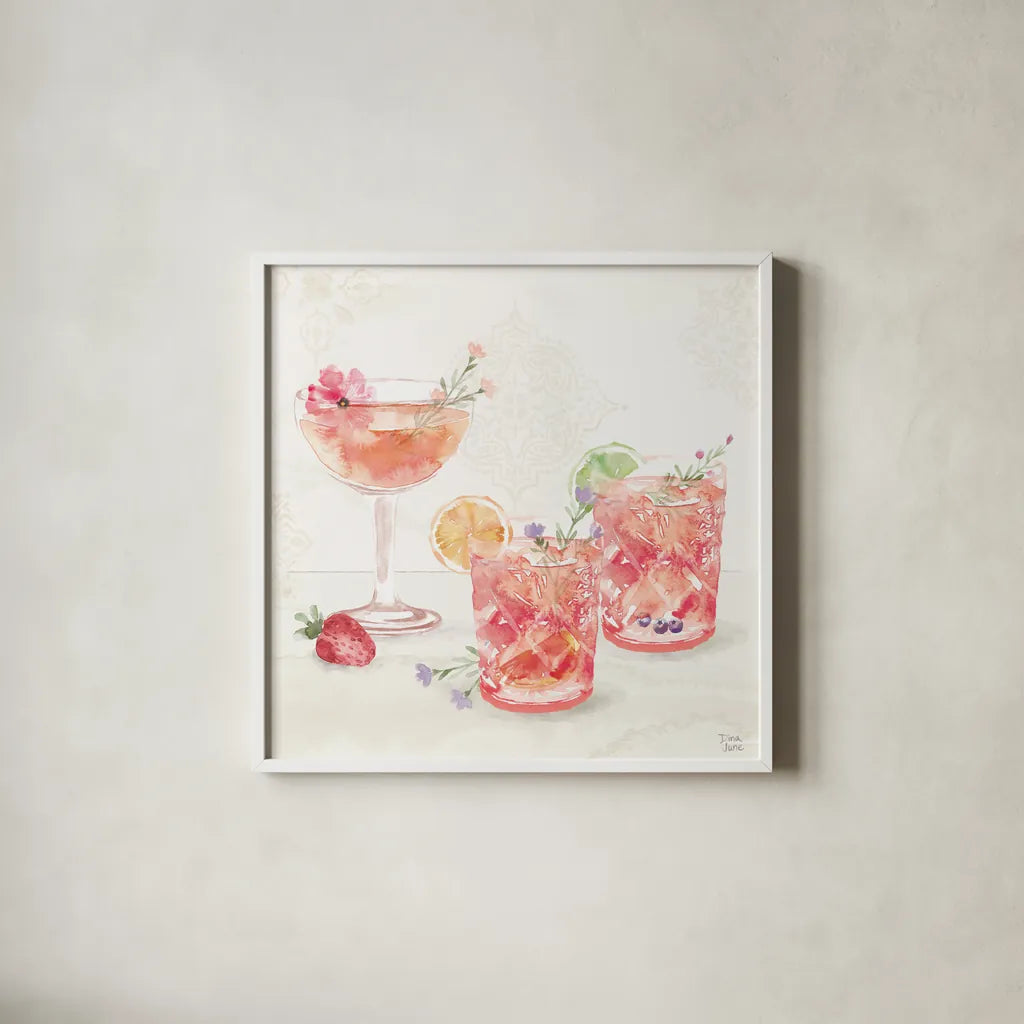 Classy Cocktails V by Dina June. Shown in a crisp white glass frame for a clean and minimalist style. Available as an archival giclee rolled canvas, fine art paper, or poster print. SKU 69238a.