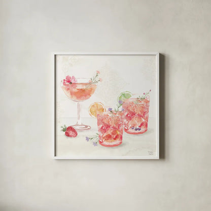 Classy Cocktails V by Dina June. Shown in a crisp white glass frame for a clean and minimalist style. Available as an archival giclee rolled canvas, fine art paper, or poster print. SKU 69238a.