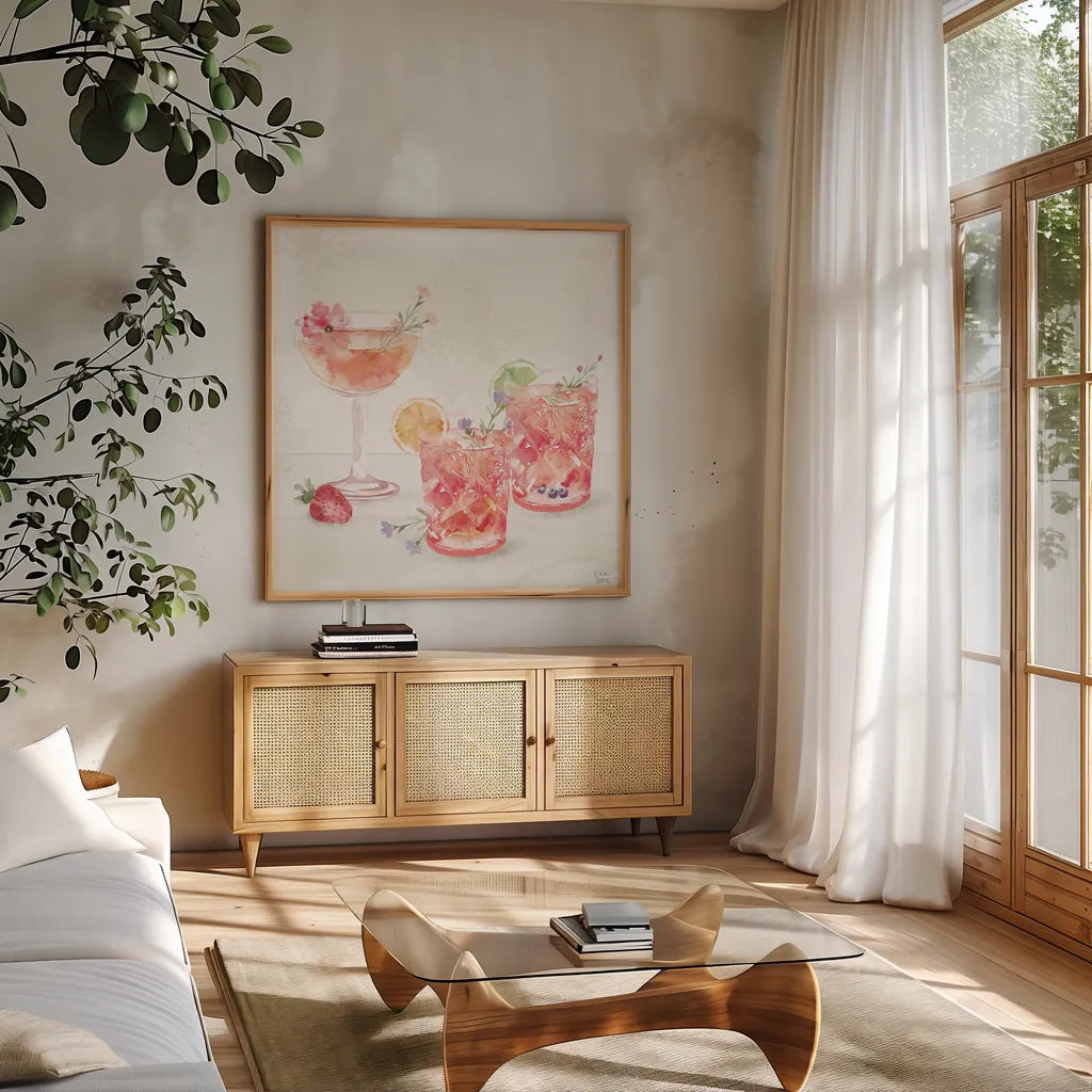 Classy Cocktails V by Dina June. Shown in a natural wood frame in a cozy modern living room. Available as an archival giclee rolled canvas, fine art paper, or poster print. SKU 69238a.