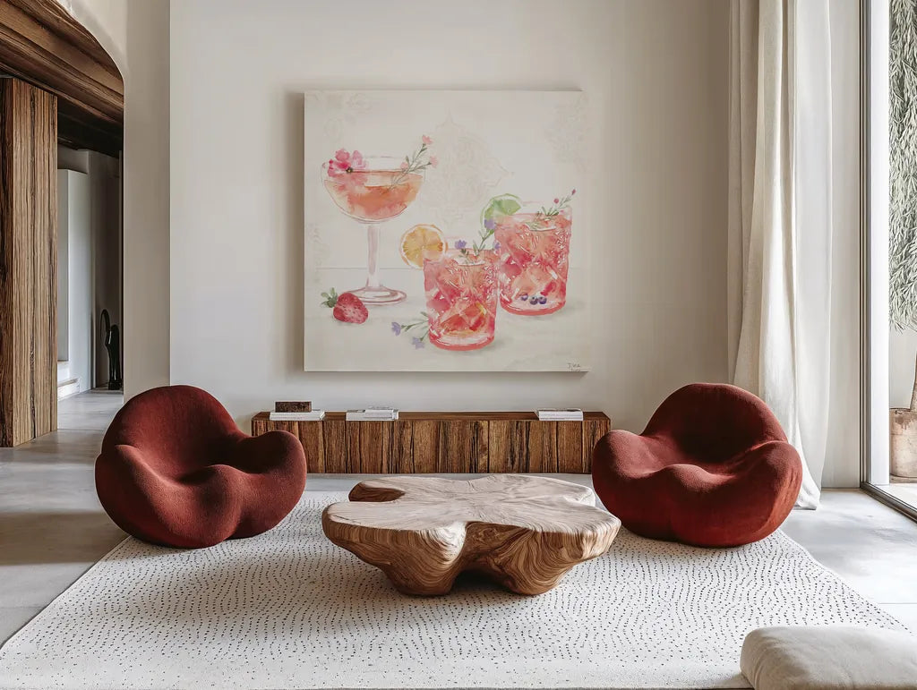 Classy Cocktails V by Dina June. Shown as extra-large giant wall art in a modern living room. Available as an archival giclee rolled canvas, fine art paper, or poster print. SKU 69238a.