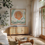 Coastline II by Dina June. Shown in a natural wood frame in a cozy modern living room. Available as an archival giclee rolled canvas, fine art paper, or poster print. SKU 94496a.