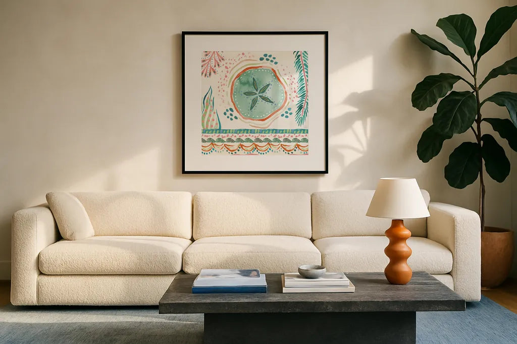 Coastline V by Dina June. Displayed in a glass frame with matte in a clean modern living room. Available as an archival giclee rolled canvas, fine art paper, or poster print. SKU 94499a.