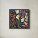 Enchanted Floral Forest by Dina June. Shown in a sleek black glass frame for a contemporary gallery look. Available as an archival giclee rolled canvas, fine art paper, or poster print. SKU 103680a.