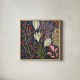 Enchanted Floral Forest by Dina June. Shown in a natural wood glass frame for a timeless modern aesthetic. Available as an archival giclee rolled canvas, fine art paper, or poster print. SKU 103680a.