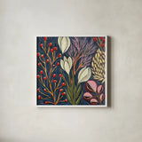 Enchanted Floral Forest by Dina June. Shown in a crisp white glass frame for a clean and minimalist style. Available as an archival giclee rolled canvas, fine art paper, or poster print. SKU 103680a.