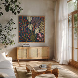 Enchanted Floral Forest by Dina June. Shown in a natural wood frame in a cozy modern living room. Available as an archival giclee rolled canvas, fine art paper, or poster print. SKU 103680a.