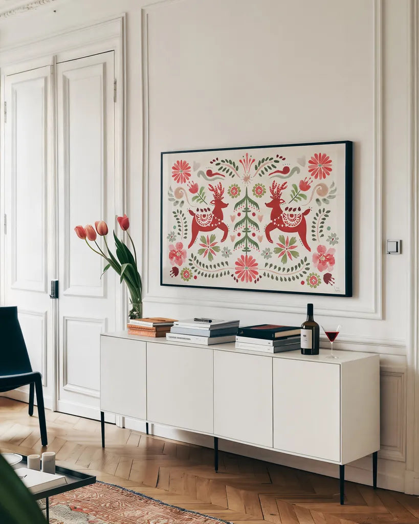 Festive Season I by Dina June. shown as a framed stretched canvas in a living room above a console. Available as a archival giclee rolled canvas, fine art paper, or poster print. SKU 81537i.