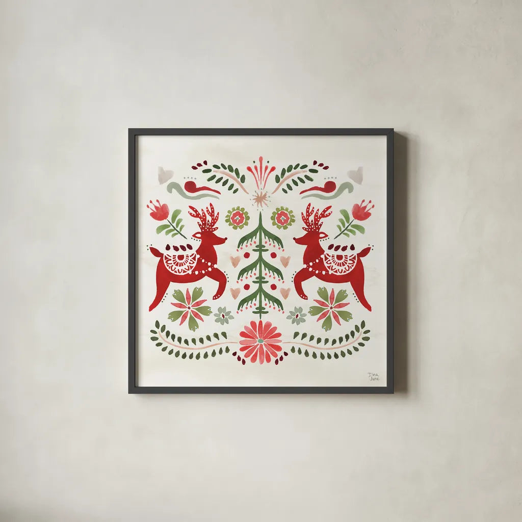 Festive Season II by Dina June. Shown in a sleek black glass frame for a contemporary gallery look. Available as an archival giclee rolled canvas, fine art paper, or poster print. SKU 81538a.