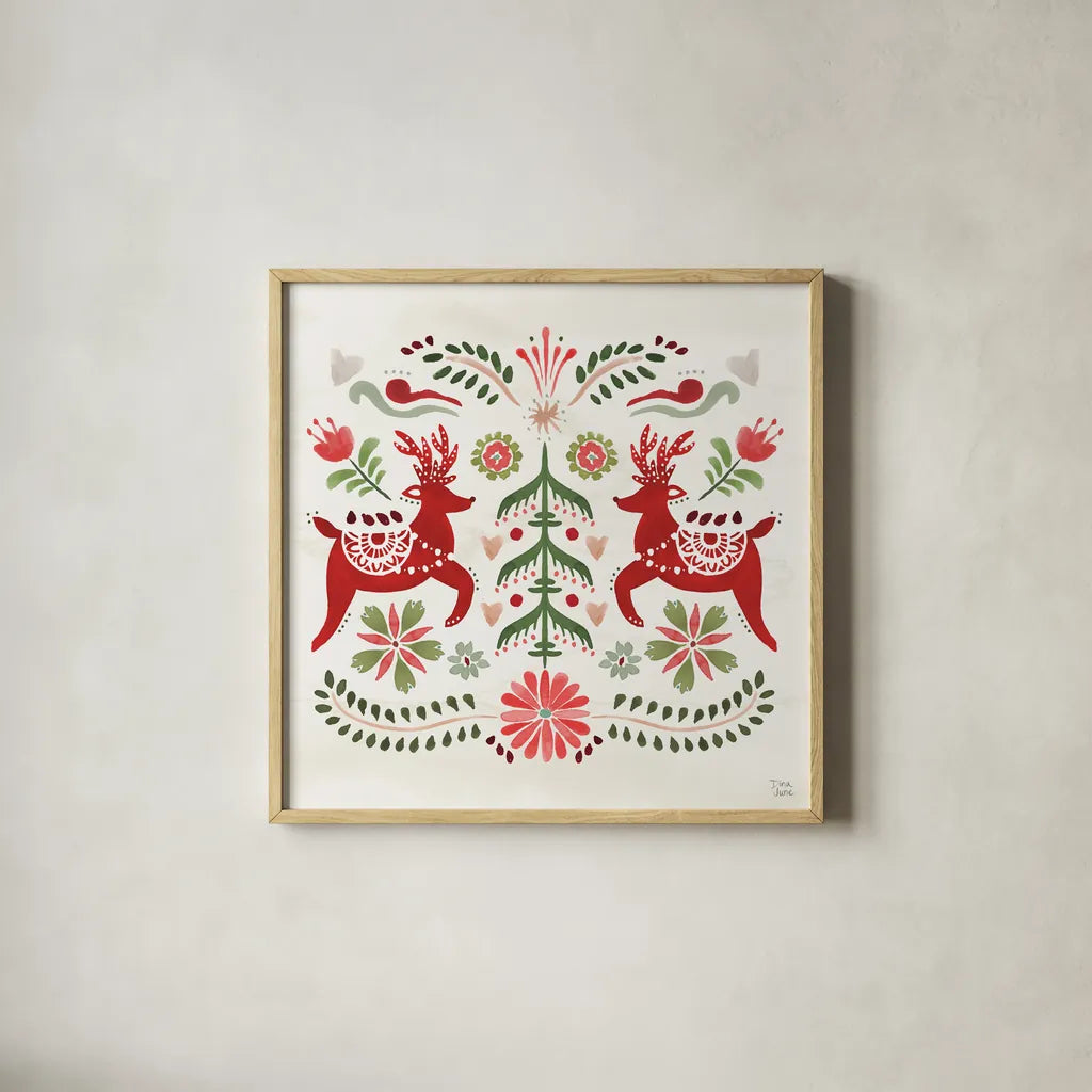Festive Season II by Dina June. Shown in a natural wood glass frame for a timeless modern aesthetic. Available as an archival giclee rolled canvas, fine art paper, or poster print. SKU 81538a.