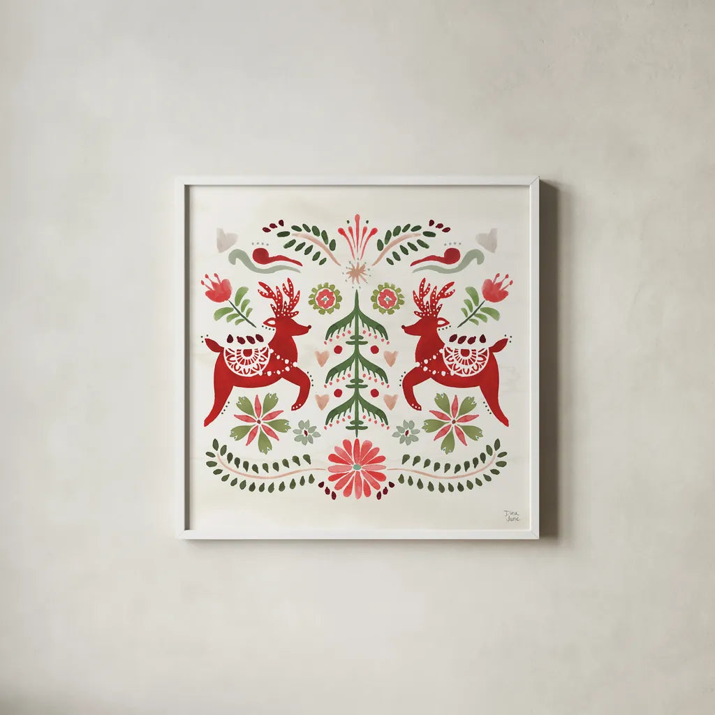 Festive Season II by Dina June. Shown in a crisp white glass frame for a clean and minimalist style. Available as an archival giclee rolled canvas, fine art paper, or poster print. SKU 81538a.