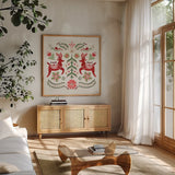 Festive Season II by Dina June. Shown in a natural wood frame in a cozy modern living room. Available as an archival giclee rolled canvas, fine art paper, or poster print. SKU 81538a.