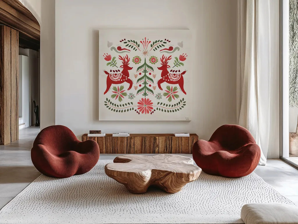 Festive Season II by Dina June. Shown as extra-large giant wall art in a modern living room. Available as an archival giclee rolled canvas, fine art paper, or poster print. SKU 81538a.