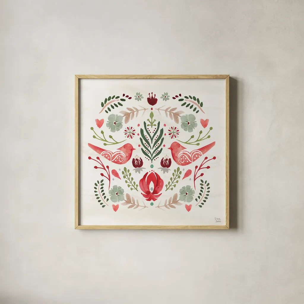 Festive Season III by Dina June. Shown in a natural wood glass frame for a timeless modern aesthetic. Available as an archival giclee rolled canvas, fine art paper, or poster print. SKU 81539a.