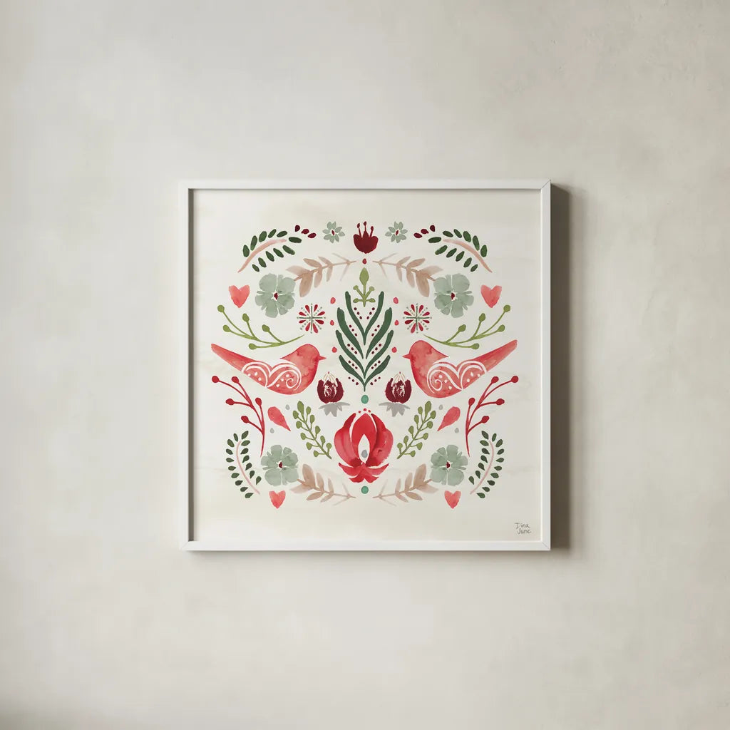 Festive Season III by Dina June. Shown in a crisp white glass frame for a clean and minimalist style. Available as an archival giclee rolled canvas, fine art paper, or poster print. SKU 81539a.