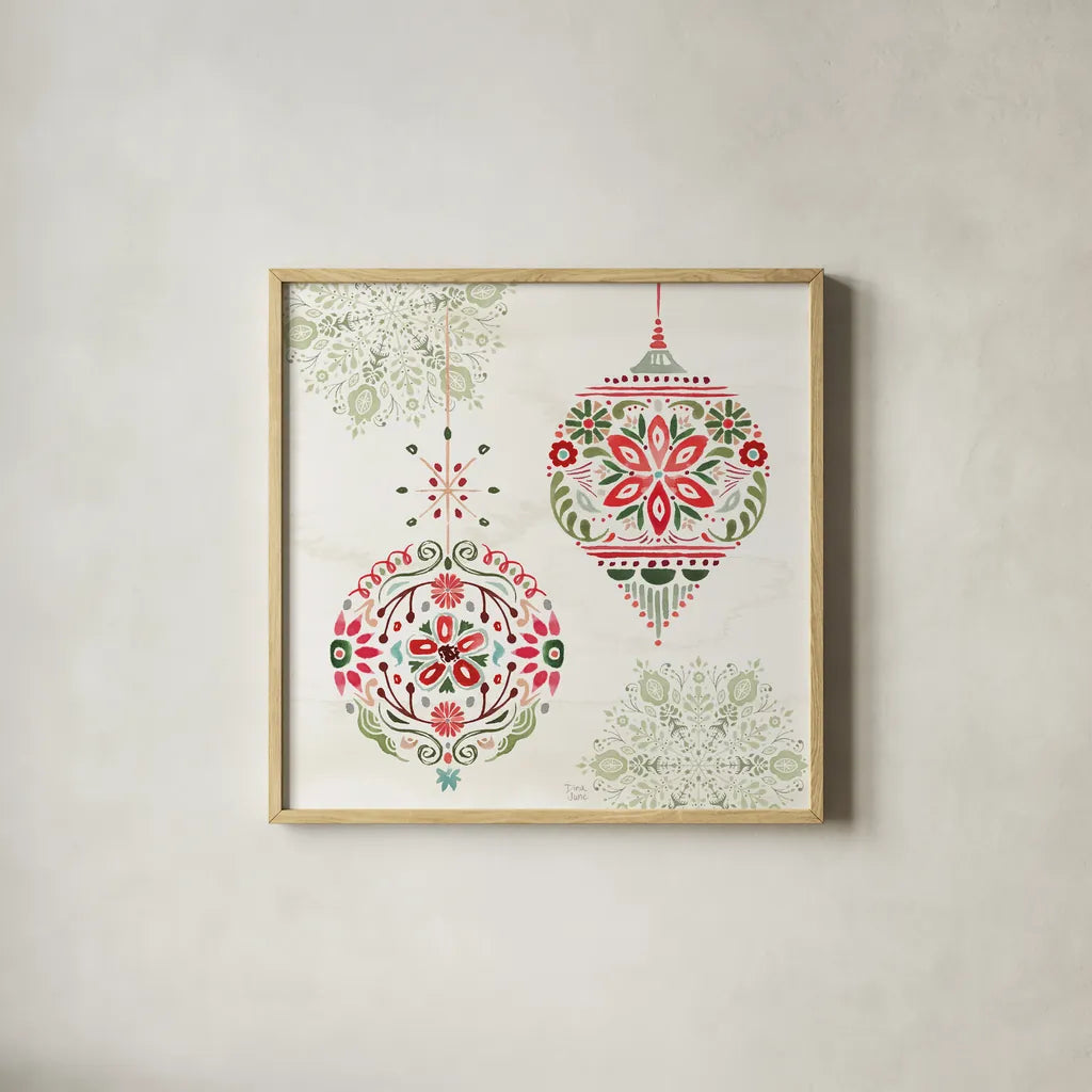 Festive Season VI by Dina June. Shown in a natural wood glass frame for a timeless modern aesthetic. Available as an archival giclee rolled canvas, fine art paper, or poster print. SKU 81542a.