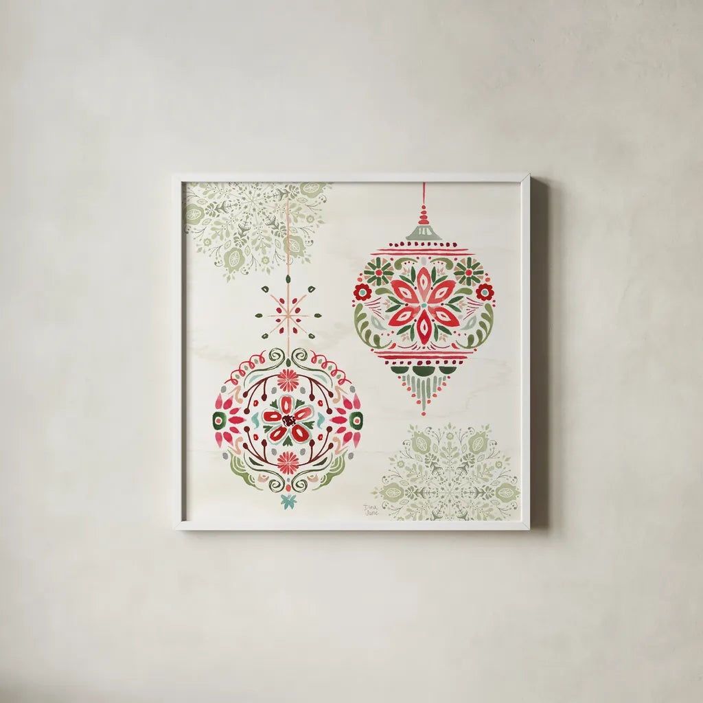 Festive Season VI by Dina June. Shown in a crisp white glass frame for a clean and minimalist style. Available as an archival giclee rolled canvas, fine art paper, or poster print. SKU 81542a.
