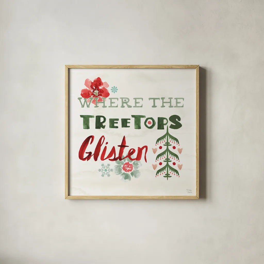 Festive Season XI by Dina June. Shown in a natural wood glass frame for a timeless modern aesthetic. Available as an archival giclee rolled canvas, fine art paper, or poster print. SKU 81547a.