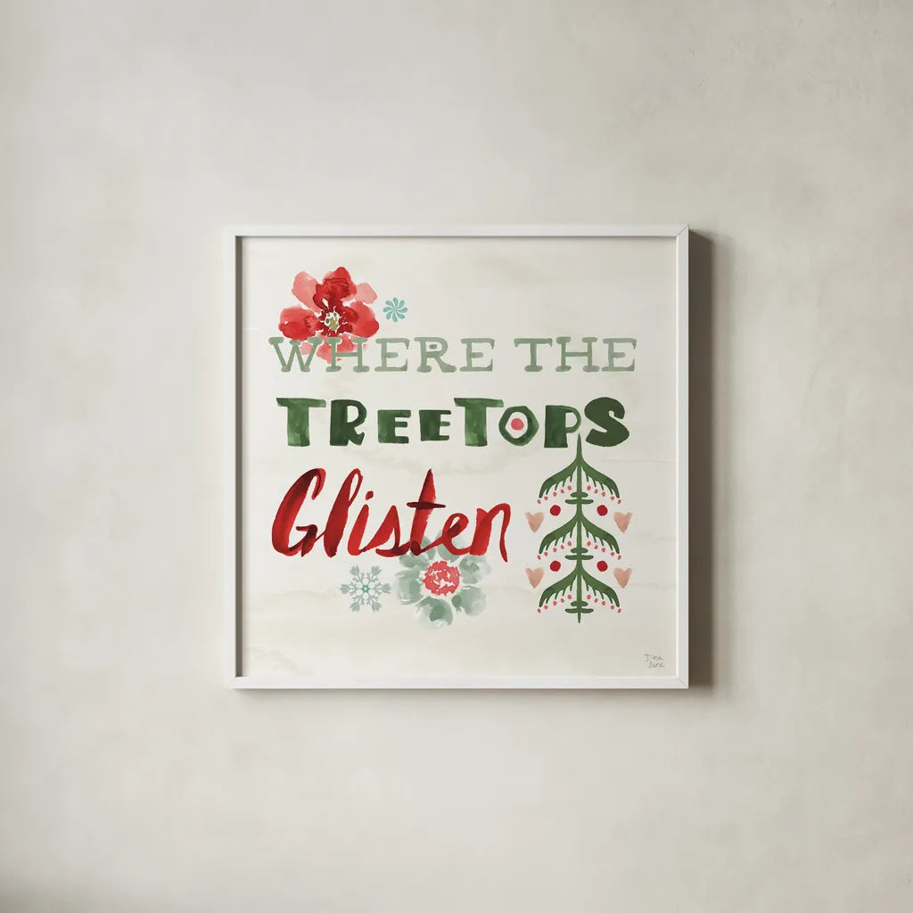 Festive Season XI by Dina June. Shown in a crisp white glass frame for a clean and minimalist style. Available as an archival giclee rolled canvas, fine art paper, or poster print. SKU 81547a.