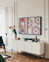 Festive Summer I by Dina June. shown as a framed stretched canvas in a living room above a console. Available as a archival giclee rolled canvas, fine art paper, or poster print. SKU 90262i.