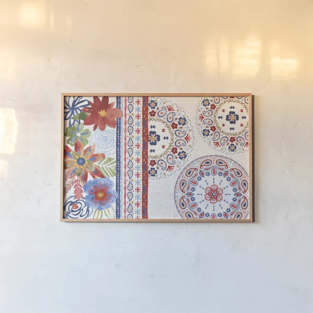 Festive Summer I by Dina June. shown as a paper print in a natural frame. Available as a archival giclee rolled canvas, fine art paper, or poster print. SKU 90262i.