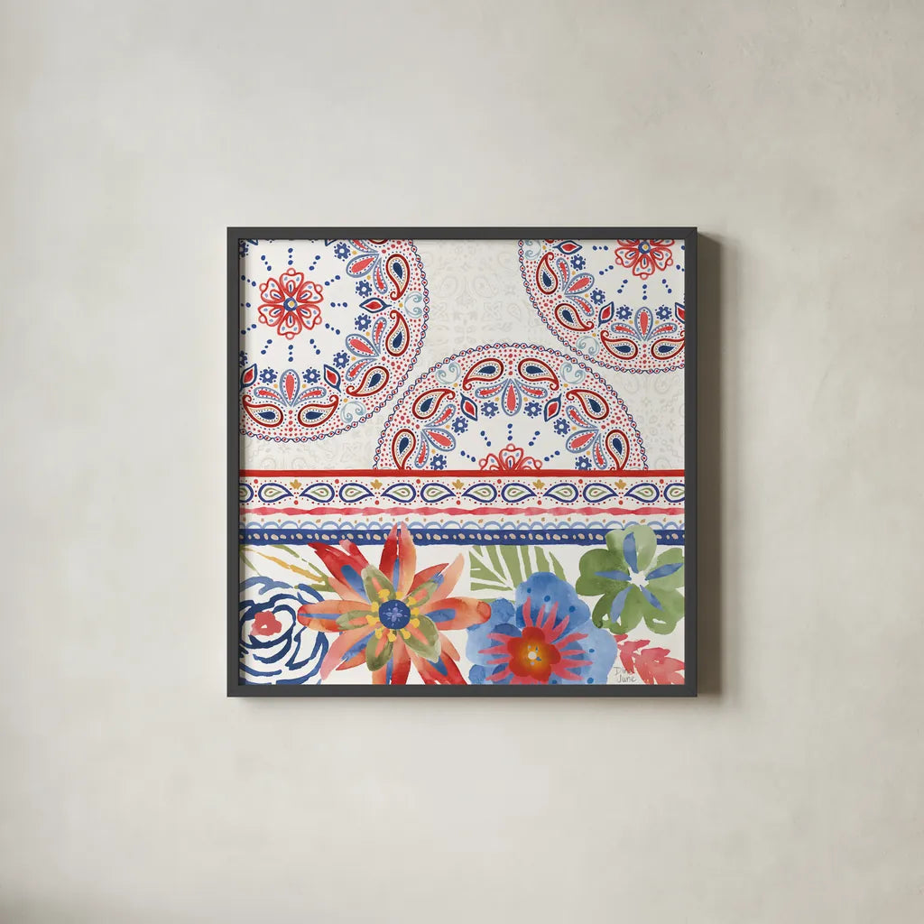 Festive Summer II by Dina June. Shown in a sleek black glass frame for a contemporary gallery look. Available as an archival giclee rolled canvas, fine art paper, or poster print. SKU 90263a.