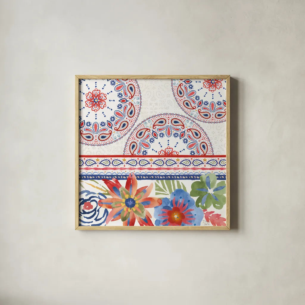 Festive Summer II by Dina June. Shown in a natural wood glass frame for a timeless modern aesthetic. Available as an archival giclee rolled canvas, fine art paper, or poster print. SKU 90263a.