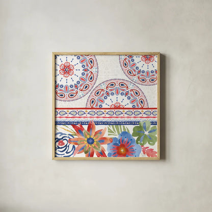 Festive Summer II by Dina June. Shown in a natural wood glass frame for a timeless modern aesthetic. Available as an archival giclee rolled canvas, fine art paper, or poster print. SKU 90263a.