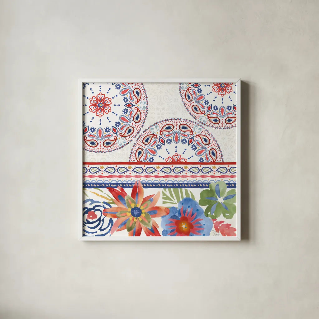 Festive Summer II by Dina June. Shown in a crisp white glass frame for a clean and minimalist style. Available as an archival giclee rolled canvas, fine art paper, or poster print. SKU 90263a.