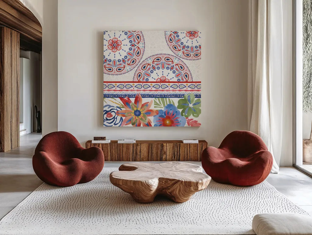 Festive Summer II by Dina June. Shown as extra-large giant wall art in a modern living room. Available as an archival giclee rolled canvas, fine art paper, or poster print. SKU 90263a.