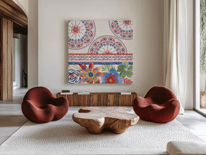Festive Summer II by Dina June. Shown as extra-large giant wall art in a modern living room. Available as an archival giclee rolled canvas, fine art paper, or poster print. SKU 90263a.