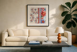 Festive Summer III by Dina June. Displayed in a glass frame with matte in a clean modern living room. Available as an archival giclee rolled canvas, fine art paper, or poster print. SKU 90264a.