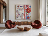 Festive Summer III by Dina June. Shown as extra-large giant wall art in a modern living room. Available as an archival giclee rolled canvas, fine art paper, or poster print. SKU 90264a.