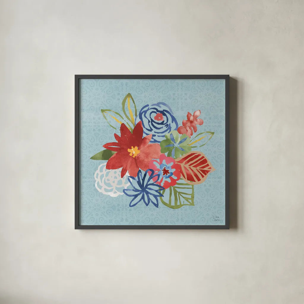 Festive Summer V by Dina June. Shown in a sleek black glass frame for a contemporary gallery look. Available as an archival giclee rolled canvas, fine art paper, or poster print. SKU 90266a.