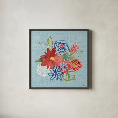 Festive Summer V by Dina June. Shown in a sleek black glass frame for a contemporary gallery look. Available as an archival giclee rolled canvas, fine art paper, or poster print. SKU 90266a.