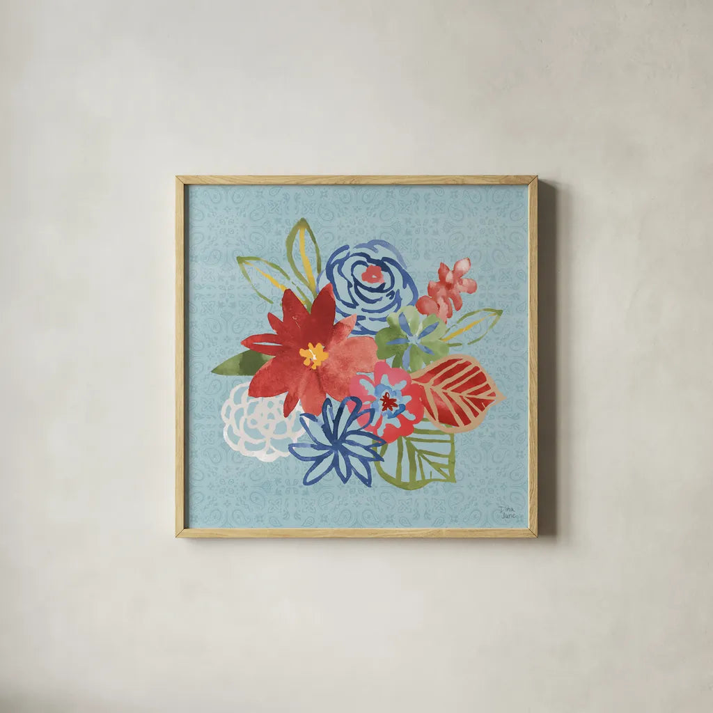 Festive Summer V by Dina June. Shown in a natural wood glass frame for a timeless modern aesthetic. Available as an archival giclee rolled canvas, fine art paper, or poster print. SKU 90266a.