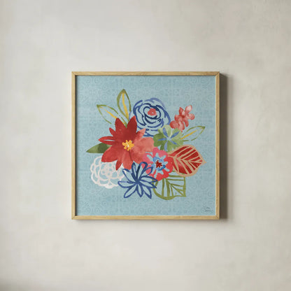 Festive Summer V by Dina June. Shown in a natural wood glass frame for a timeless modern aesthetic. Available as an archival giclee rolled canvas, fine art paper, or poster print. SKU 90266a.