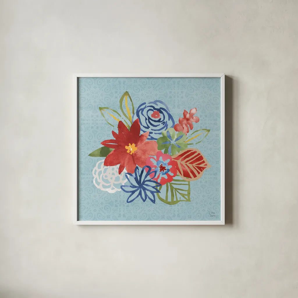 Festive Summer V by Dina June. Shown in a crisp white glass frame for a clean and minimalist style. Available as an archival giclee rolled canvas, fine art paper, or poster print. SKU 90266a.