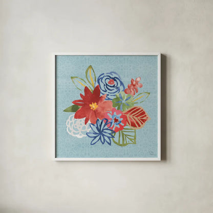 Festive Summer V by Dina June. Shown in a crisp white glass frame for a clean and minimalist style. Available as an archival giclee rolled canvas, fine art paper, or poster print. SKU 90266a.
