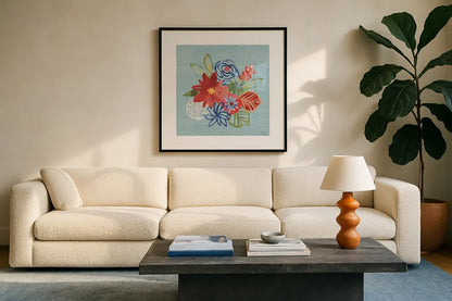 Festive Summer V by Dina June. Displayed in a glass frame with matte in a clean modern living room. Available as an archival giclee rolled canvas, fine art paper, or poster print. SKU 90266a.