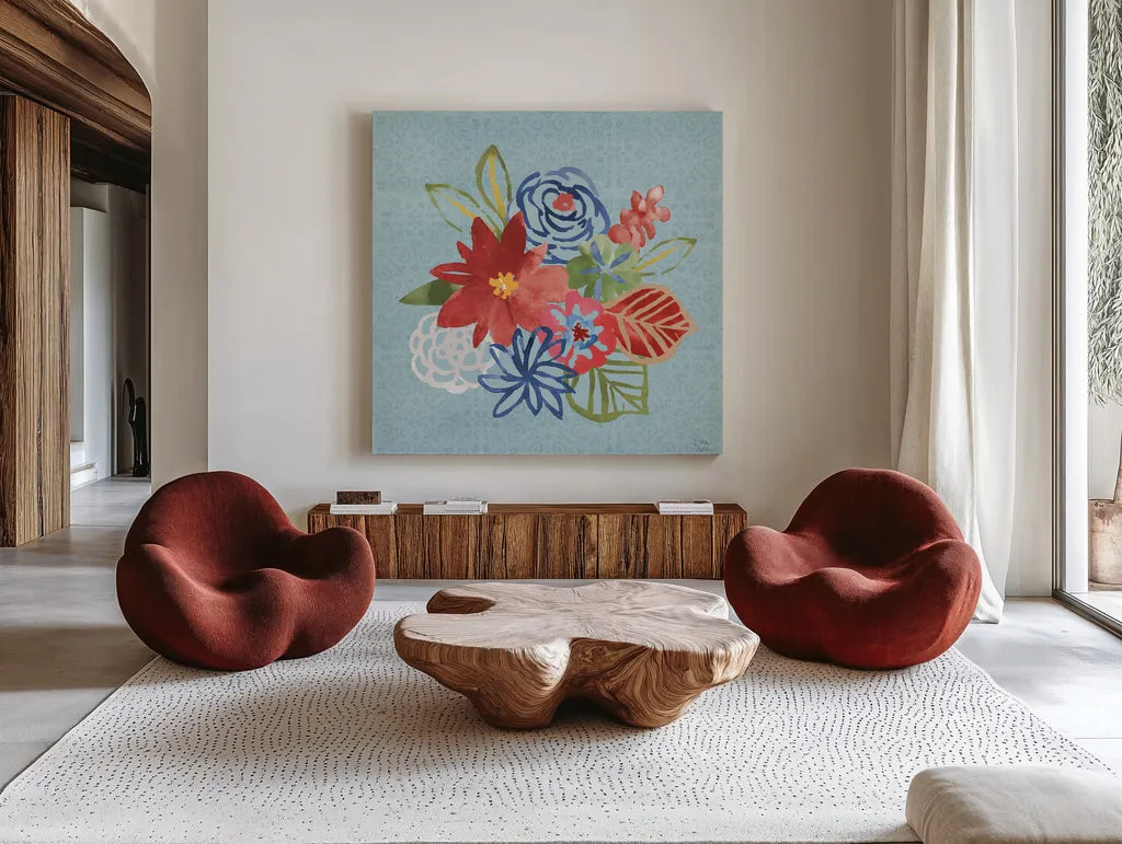 Festive Summer V by Dina June. Shown as extra-large giant wall art in a modern living room. Available as an archival giclee rolled canvas, fine art paper, or poster print. SKU 90266a.