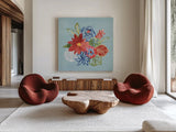 Festive Summer V by Dina June. Shown as extra-large giant wall art in a modern living room. Available as an archival giclee rolled canvas, fine art paper, or poster print. SKU 90266a.