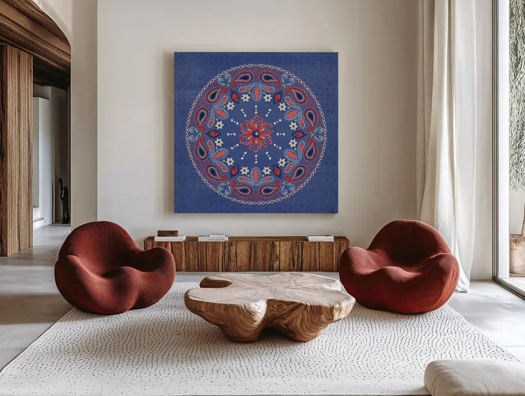 Festive Summer VI by Dina June. Shown as extra-large giant wall art in a modern living room. Available as an archival giclee rolled canvas, fine art paper, or poster print. SKU 90267a.
