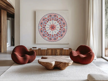 Festive Summer VI Light by Dina June. Shown as extra-large giant wall art in a modern living room. Available as an archival giclee rolled canvas, fine art paper, or poster print. SKU 90269a.