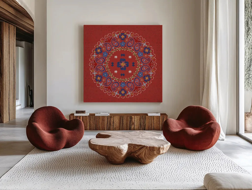 Festive Summer VII by Dina June. Shown as extra-large giant wall art in a modern living room. Available as an archival giclee rolled canvas, fine art paper, or poster print. SKU 90268a.
